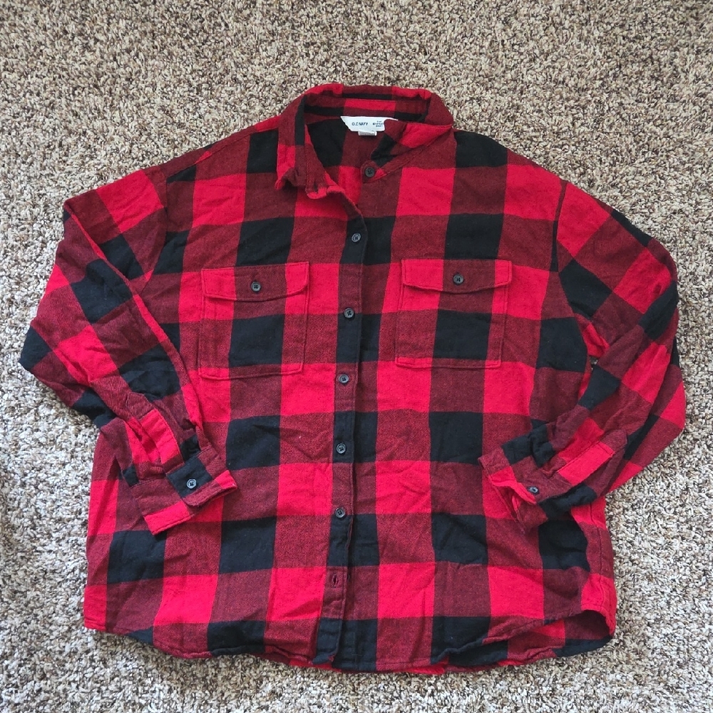 Old Navy Red and Black Plaid Button Down Shirt